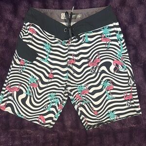 Boys Black and White Flamingo Swim Shorts